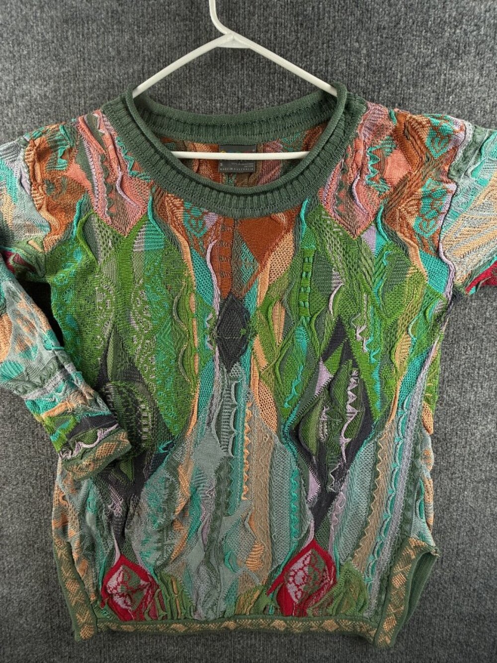 Coogi All Cotton Australia Sweater Pullover Green Gray Geometric Small Designer